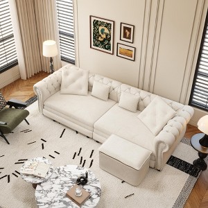 89'' Velvet 3-in-1 Pull-Out L-Shaped Sectional Sofa Bed with Tufted Design and Movable Ottoman, Convertible King Size Sleeper with 4 Pillows - 1 of 4
