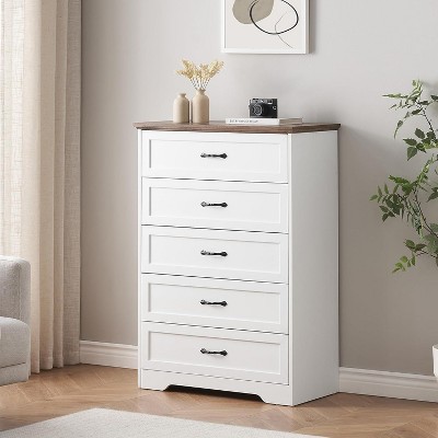 Acekool 5-Drawer Grey Dresser, Modern Farmhouse Tall Chest with Wide Handles, Storage Organizer for Bedroom, Living Room
