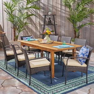Christopher Knight Home Elmar Outdoor Wood and Wicker 9 Piece Expandable Dining Set - 1 of 4