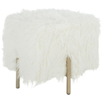 Posh White Faux Fur and Brass Square Ottoman