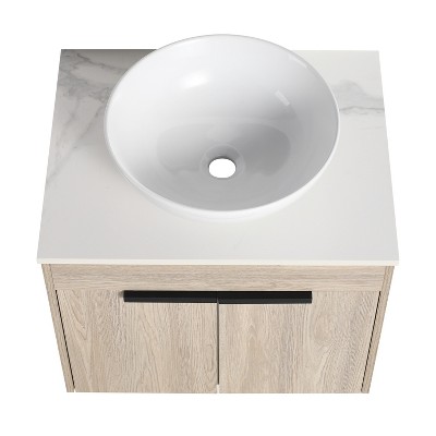 Vynxaria 36 in. Single Wall-Mounted White Oak Plywood Bath Vanity with White Flat Stone Slab Ceramic Top KD-PACKING Ready to Assemble