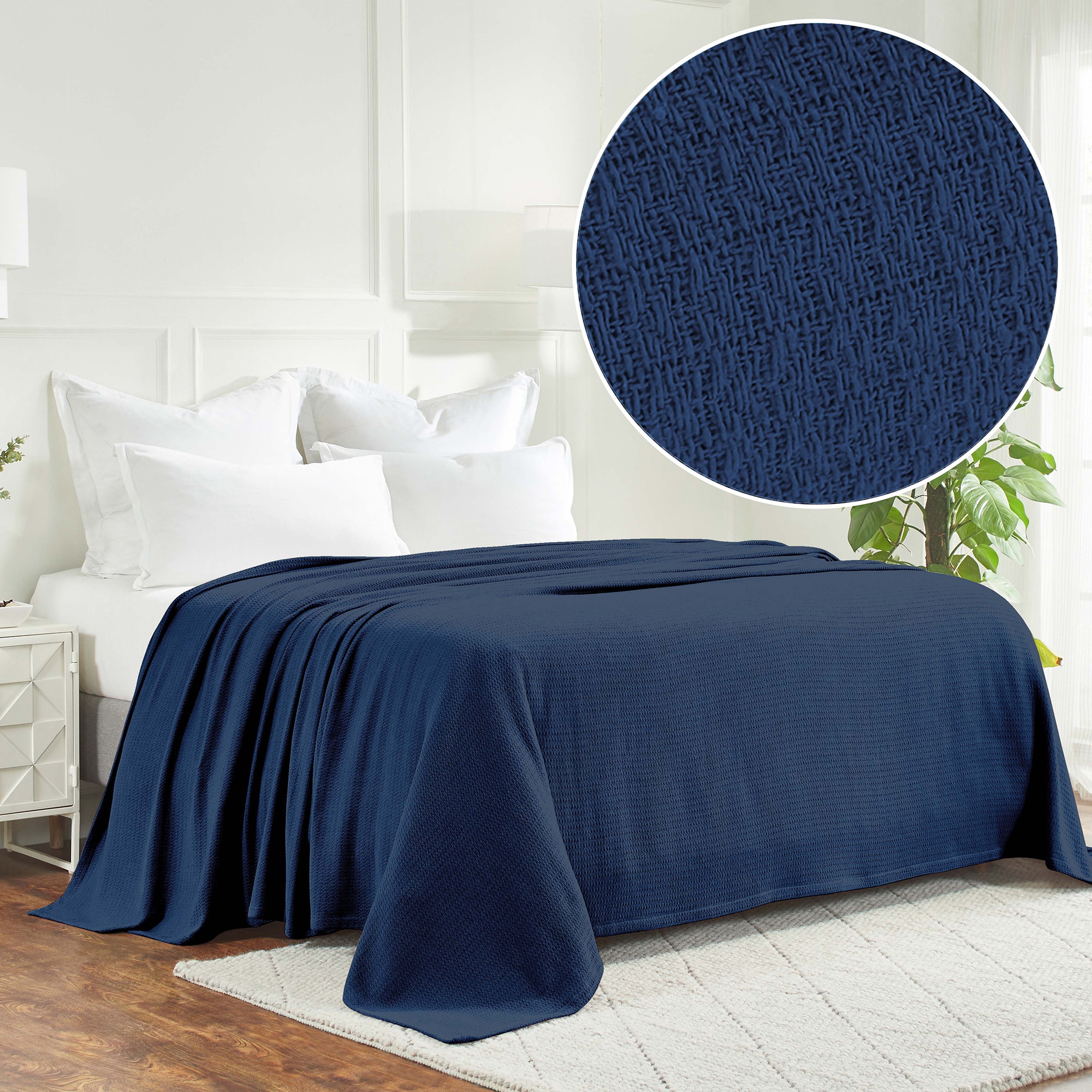 Waffle Weave Cotton Bed Blanket, Soft All-Season Bedding, Full/Queen, Navy Blue - Blue Nile Mills
