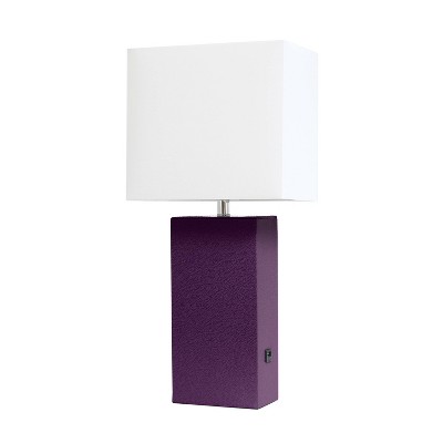 Modern Leather Table Lamp with USB and Fabric Shade Eggplant - Elegant Designs