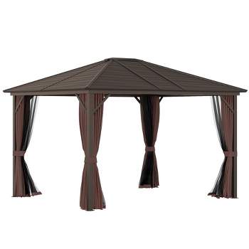 Outsunny 10' x12' Hardtop Gazebo with Aluminum Frame, Permanent Metal Roof Gazebo Canopy with 2 Hooks, Curtains and Netting for Garden