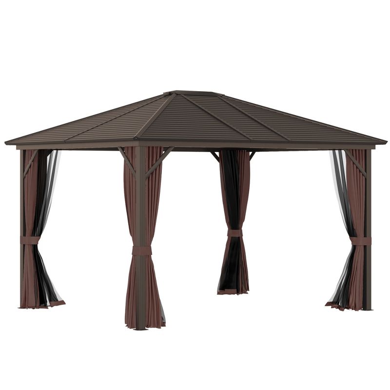 Outsunny 10' x12' Hardtop Gazebo with Aluminum Frame, Permanent Metal Roof Gazebo Canopy with 2 Hooks, Curtains and Netting for Garden, 1 of 10