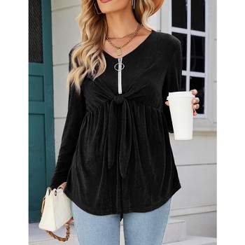 Women's V Neck Blouse Half Zip up Casual Tunic Shirts Babydoll Chest Tie Knot Shirts Ruched Flowy Hem Tunic Tops