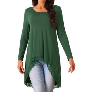 Seta T Women's High Low Tops Long Sleeve Lace Trim Crewneck Irregular Hem Flowy Blouse Tops - 1 of 4