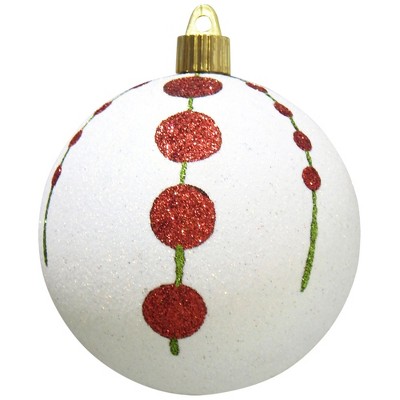 Christmas by Krebs 4ct Snowball White and Red Strings of Dots Shatterproof Glitter Christmas Ball Ornaments 4" (100mm)