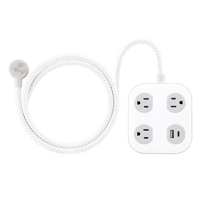 GE 3-Outlet Surge Protector with USB 1 USB-A 1 USB-C 20W Shared 245J 4' Braided Cord White and Gray: Multi Plug Extender