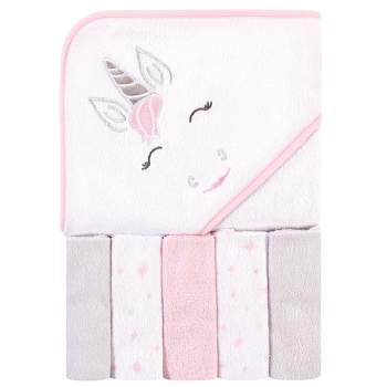 Hudson Baby Infant Girl Hooded Towel and Five Washcloths, Pink Unicorn, One Size