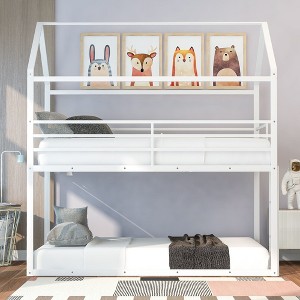 Okak Twin Over Twin House Bunk Bed with Safety Fence & Built-in Ladder Metal Bunk Bed for Kids, Girls, Boys Easy Assemble, White - 1 of 4