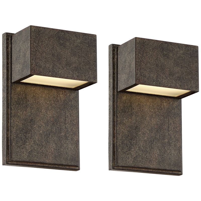 Possini Euro Design Lyons Modern Industrial Outdoor Wall Light Fixtures Set of 2 Bronze Black Box Frame LED 8" for Post Exterior Barn, 1 of 9