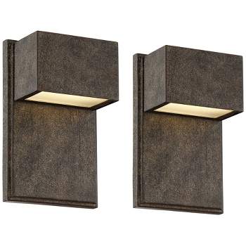 Possini Euro Design Lyons Modern Industrial Outdoor Wall Light Fixtures Set of 2 Bronze Black Box Frame LED 8" for Post Exterior Barn