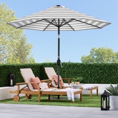 10ft Striped Gray Market Umbrella with Solar LED Lights and Metal Pole