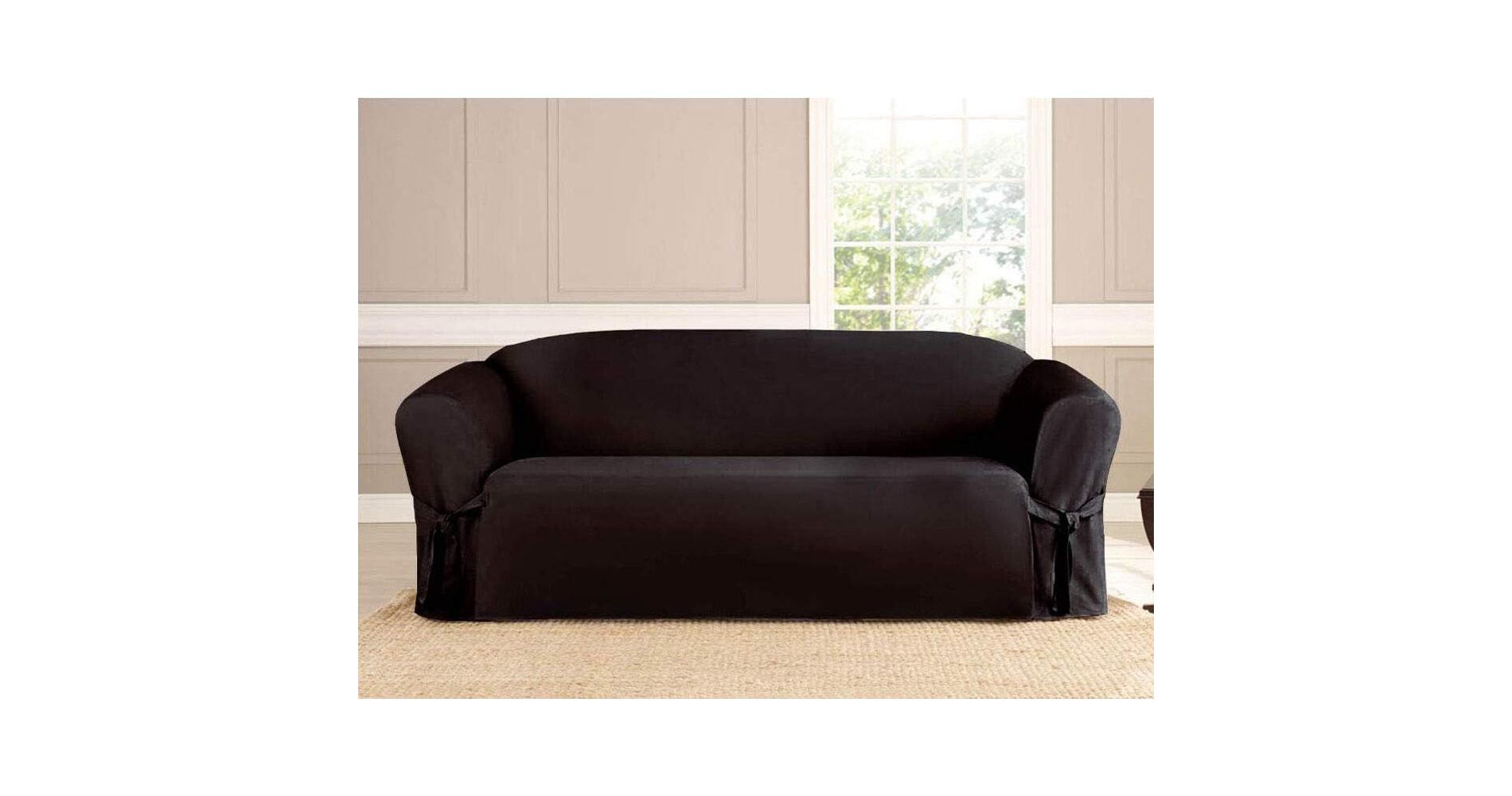 Linen Store Ultra-Soft 74"x 96" Microsuede Sofa Slipcover Luxurious, Durable, Breathable & Easy-Care Furniture Protector – Black