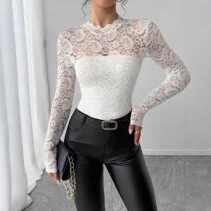 Coolmee Womens Sexy Lace Mesh Shirts Long Sleeve Fashion Turtle Necks Sheer Ruched Going Out Tops Outfits Slim Fit Blouses - 1 of 4