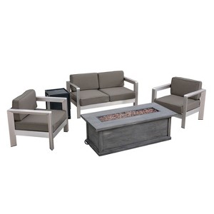 Christopher Knight Home Albion Outdoor Aluminum 4 Seater Chat Set with Fire Pit - 1 of 4