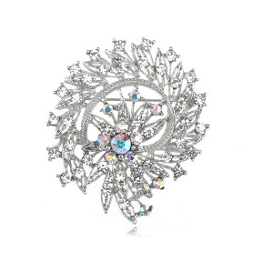 Anna-Kaci Flower Leaf Royal Bouquet Clear AB Crystal Rhinestone Wreath Holiday Pin Brooch - 1 of 4