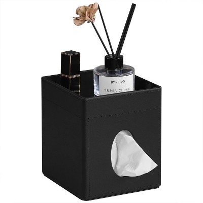 LunaLulinlk Tissue Box Cover, PU Leather Square Tissue Box Holder with Storage Tray Stylish Tissue Holder Decorative Organizer (Black)