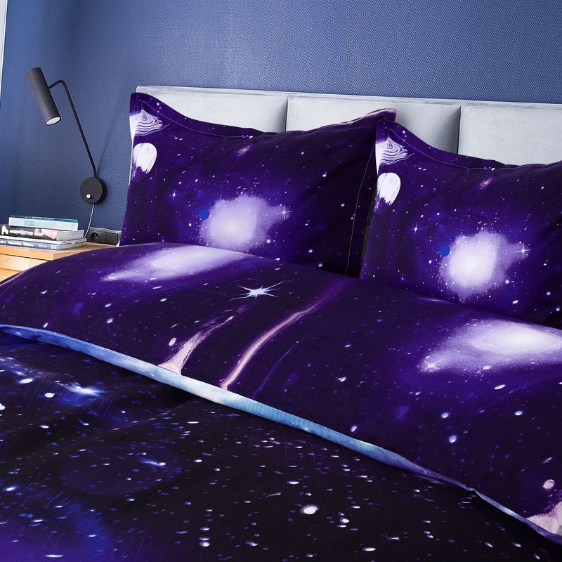 PiccoCasa Polyester Galaxy Sky Cosmos Night Pattern 3D Printed Duvet Cover Set with 2 Pillowcases 4 Pcs Queen Dark Purple, 3 of 9