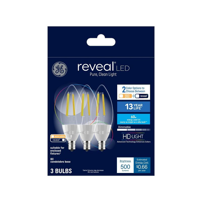GE 3pk 5.5W Color Select Warm White or Reveal Candelabra Base Reveal LED Decorative Light Bulbs, 1 of 7