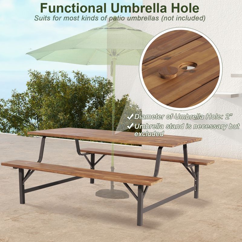 Tangkula 71" Patio Picnic Table Bench Set Outdoor Camping Table Set w/ Acacia Wood Tabletop & Seat 2" Umbrella Hole, 5 of 10