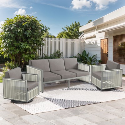 POCASSY 3PCS Patio Furniture Set with Patio Swivel Chairs, All Weather Wicker Rattan Outdoor Conversation Set with Patio Couch Sofa Meatl Swivel Chair