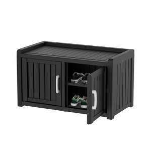 CAVINAS 31.9"L Rectangular Polypropylene Ottoman Shoe Bench with Storage,2-Tier Entryway Bench with 2 Barn Doors for Living Room,Bedroom,Black - 1 of 4