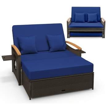 Tangkula Outdoor Wicker Daybed Patio Loveseat & Storage Ottoman Set w/ Navy Cushions