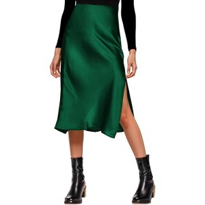 Women's Satin Midi Skirt - High Waist Slit Design with Comfortable Elastic Waistband Darkgreen - 1 of 4