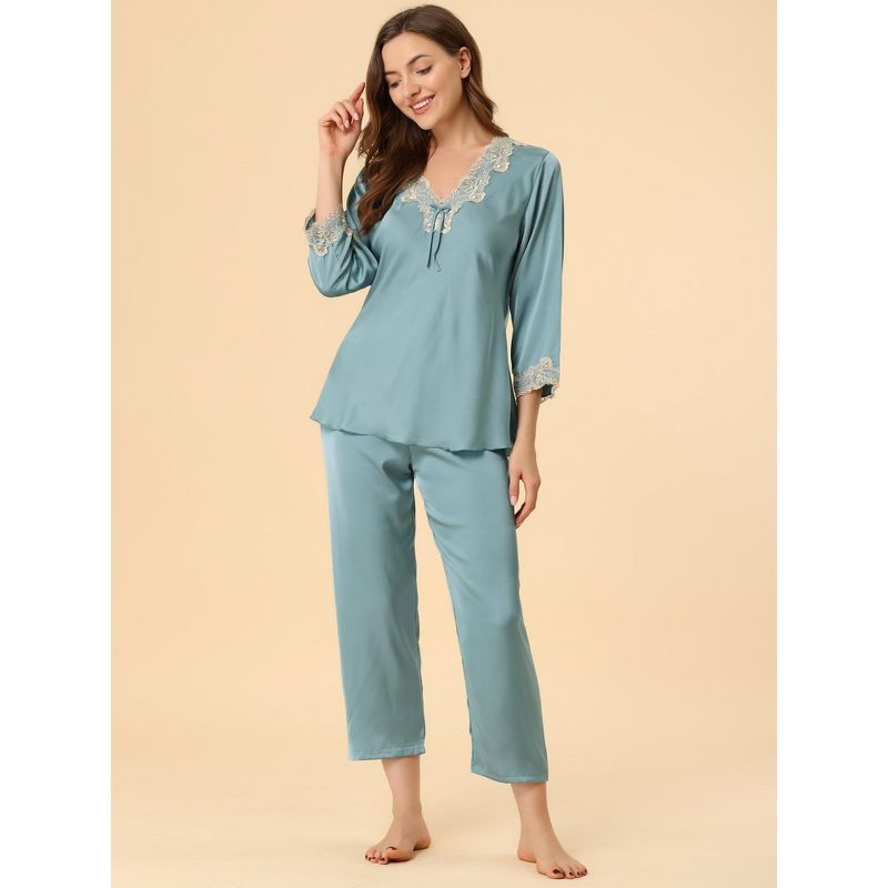 Allegra K Women’s Soft long sleeve Lace Night Suit Pajama Sets, 3 of 7
