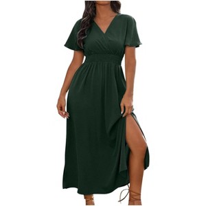 Coolmee Women's Maxi Dress V Neck Short Sleeve Split Flowy Tiered Casual Maxi  Dresses : Target