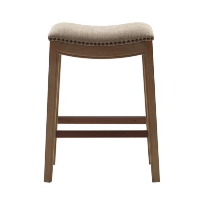 Beige Linen Saddle Style Backless Wood Counter Stool