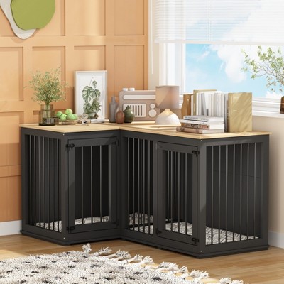 FUFU&GAGA Corner Double Dog Cage Furniture with Divider for Living Room