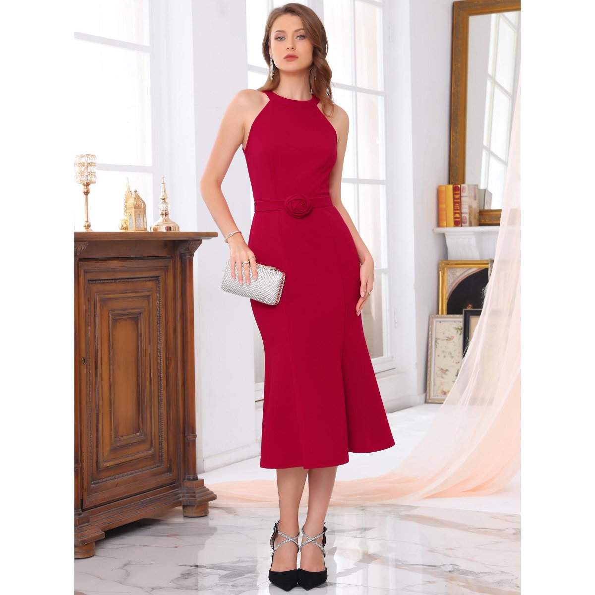 Женские платья INSPIRE CHIC Women's Sleeveless Halter Formal Cocktail Evening Fishtail Bodycon Dresses Medium Red — фото 3