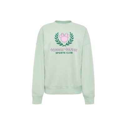Women Minnie Mouse Sports Club Pullover Crew Neck Fleece Sweatshirt - Light Mint Green