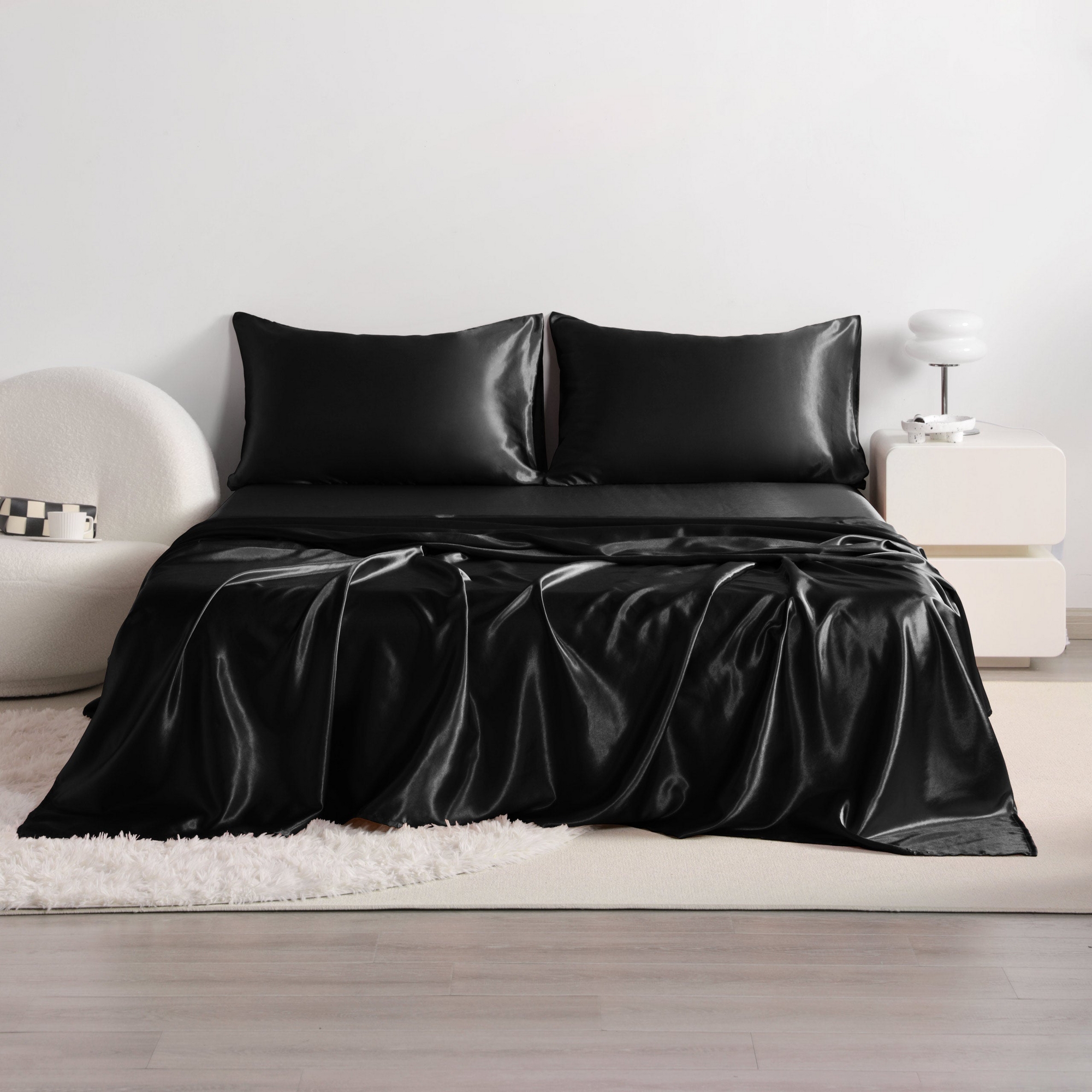 4 Pieces Satin Bed Sheet Set, Silky Cooling Soft Sheet Set, Queen, Black - NTBAY