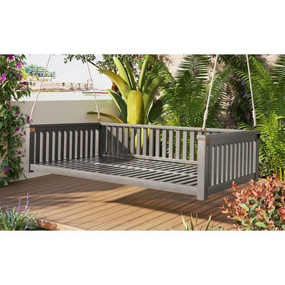 DOMETOUR TOPMAX Patio Minimalist Twin Size Garden Swing Bed Wood Porch Swing with Ropes for Backyard, Safe Sloped Design, Gray