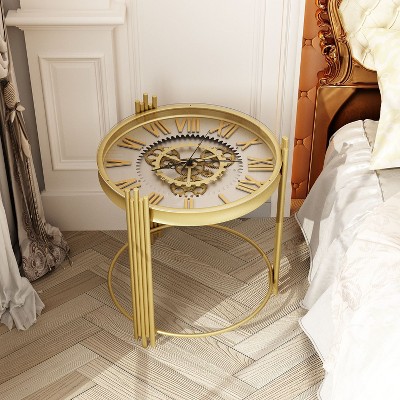 FUFU&GAGA Roman Numeral Nightstand with Rotating Clock Face End Table