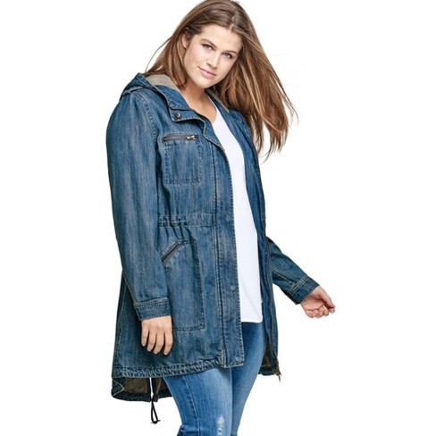 ellos Women's Plus Size Hooded Anorak Denim Jacket - 26, Blue