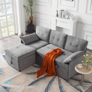 MAYEERTY 77.6" Reversible Sectional Sleeper Sofa - Pull-Out Full Size Bed, Hidden Storage, Velvet Upholstery - 1 of 4
