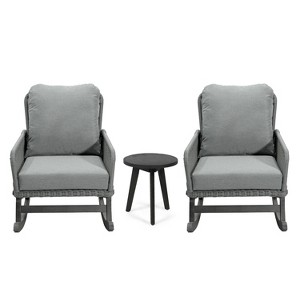 VisioGear Patio Accent Table Sets, 3-Piece Outdoor Table Set with Rocking Chairs, Wooden Accent Table for Patio, Gray, 24.80"*42.52"*31.5" - 1 of 4