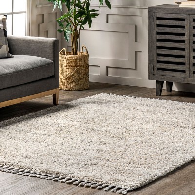 Ivory Plush Braided Tassel Shag Area Rug, 6'7" x 9'