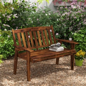 SKRAN Wood Outdoor Bench, 2-Person Garden Bench with Cupholder Armrests, Slatted Seat and Backrest, Park Bench for Patio, Porch, Lawn,Black Brown - 1 of 4
