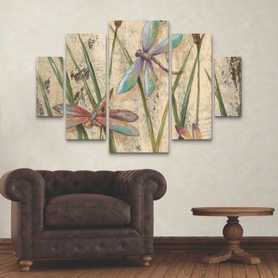 Large Beige and Green Multi Panel Dragonfly Canvas Art Set