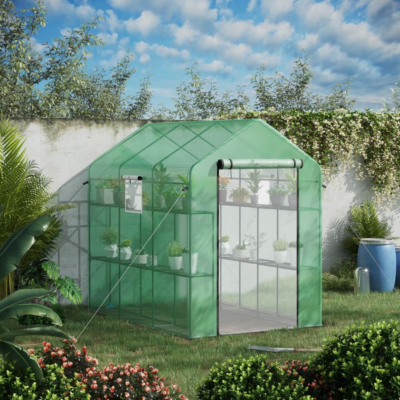 Outsunny Walk-in Greenhouse, 2-Tier Shelf Hot House, Roll Up Zipper Door, UV protective for Flowers, Herbs, Vegetables, 3 of 7