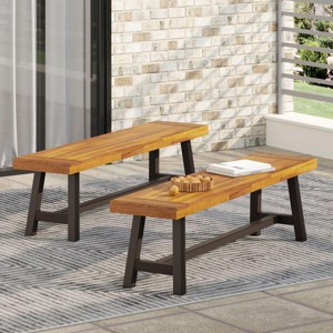 63" Modern Industrial Outdoor Benches Set of 2, Features Weather-Resistant Acacia Wood, for Patio or Garden -3irtyhousy - 1 of 4