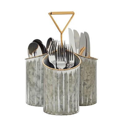 Farmlyn Creek 3 Compartment Vintage Galvanized Utensil Holder for Countertop Organizer, Multi-Purpose Caddy (Rustic, 7.8 x 8 x 10.6 In)