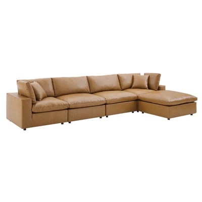 Tan Faux Leather Five-Piece Sectional with Ottoman and Wood Frame