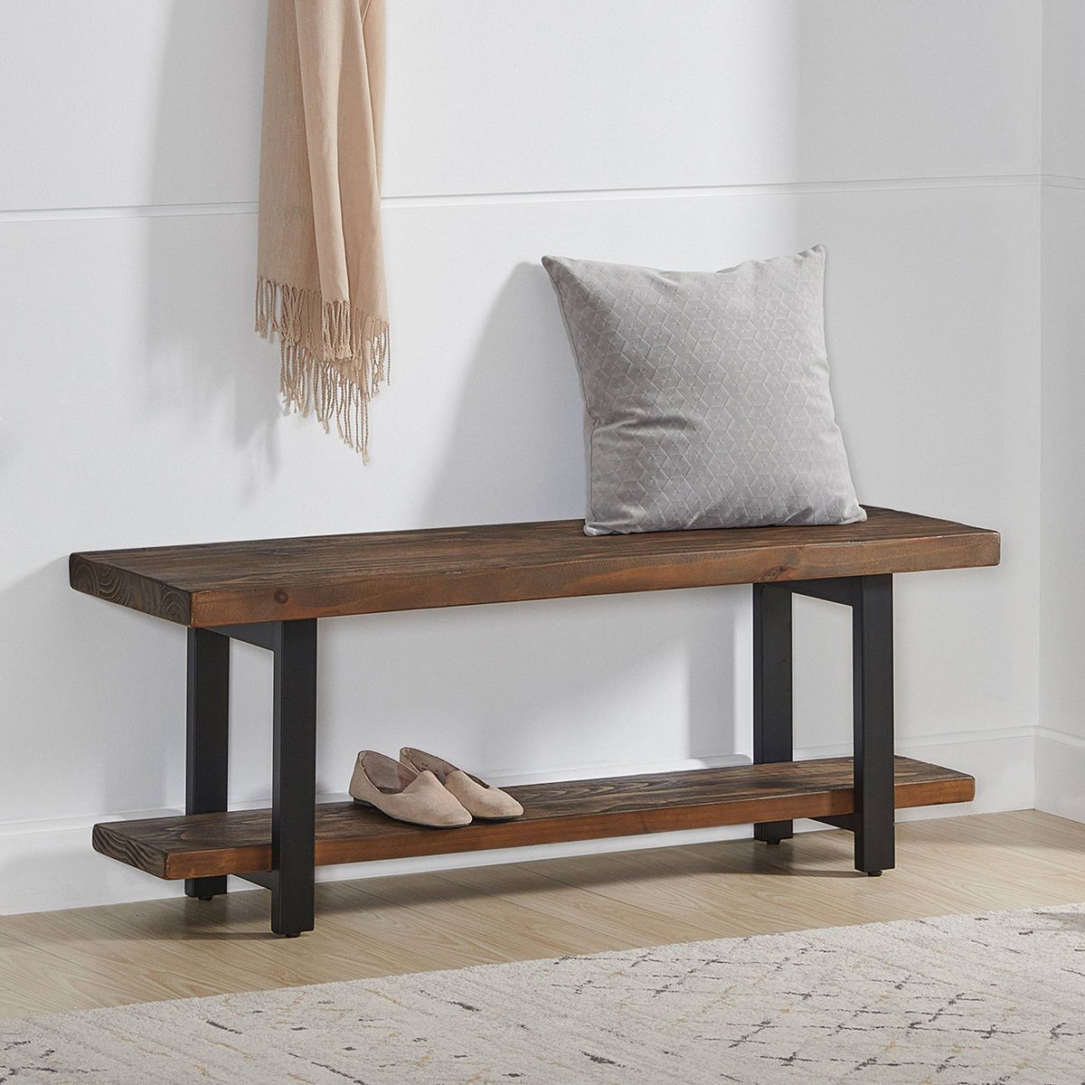 48" Pomona Solid Wood & Metal Entryway Bench Brown - Alaterre Furniture: Rustic Storage, Shelving, 2-Seater, 150 lb Capacity